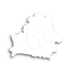  Belarus political map of administrative divisions - regions and one autonomous city. Flat white blank map with thin black outline and dropped shadow.