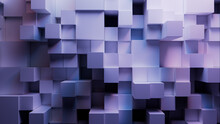Innovative Tech Wallpaper With Precisely Aligned Multisized Cubes. Purple And Blue, 3D Render.