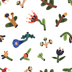 Fototapete - Naive flowers pattern. Seamless background, childish creative whimsical plants repeating print. Endless doodle floral texture design. Stylized flat vector illustration for textile, fabric, wrapping
