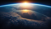 The Curvature Of Planet Earth. Aerial View Of The Blue Planet From Space. Sunrise Over Global Land And Ocean. Generative AI
