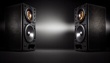 Two sound speakers with free space between them on black background. Generative AI.