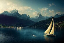A Yacht Against The Backdrop Of Mountains And An Old Castle In Switzerland. A Popular Place To Travel And Relax. . Generative AI