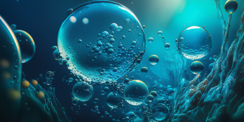 Blue underwater fizzing air bubbles flow. Fizzy sparkles in water, sea, aquarium, ocean. Innovative product offers a clean and refreshing experience. 3D hydrating moisturizer banner ad. generative ai.