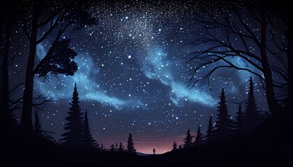 Silhouettes of forest trees against the night starry sky