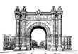 Arc de Triomf, a triumphal arch in the city of Barcelona in Catalonia, Spain, ink sketch illustration.