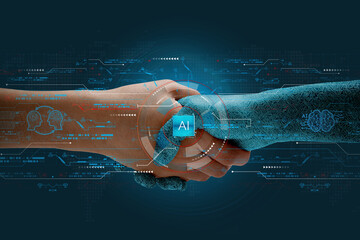 humans shake hands with ai to show partnership. machine learning to enable and work together to achi