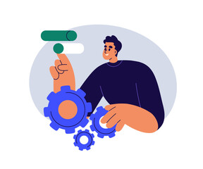 Business technologies work concept. Fixing settings, cogwheels, adjusting sliders. Person changing, developing, modifying, repairing system. Flat vector illustration isolated on white background