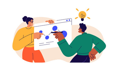 Aufkleber - Business planning, developing creative ideas concept. Team work, discussion. Discussing strategy, analyzing, improving, creating project. Flat vector illustration isolated on white background