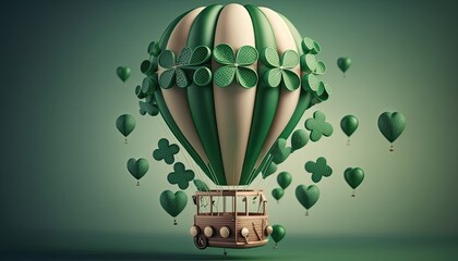 Green air balloon flying air transport illustration. Decorated for St. patricks day. Generative AI