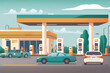Generative AI illustration of cars on forecourt at a fuel station 