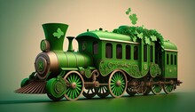 Green Vintage Train Decorated For St. Patricks Day, Transport Illustration. Generative AI