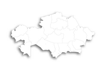  Kazakhstan political map of administrative divisions - regions and cities with region rights and city of republic significance Baikonur. Flat white blank map with thin black outline and dropped shadow