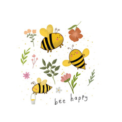 Wall Mural - happy bee and flowers illustration watercolor