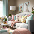 Easter rabbit paintings on the walls of a home salon AI 