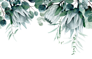 Wall Mural - watercolor drawing. seamless border with tropical flowers and leaves. protea flowers and eucalyptus leaves