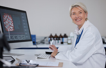 Poster - Science portrait, computer and senior scientist work on virus report for healthcare innovation, lab research or medical analysis. Laboratory, medicine study and woman happy for hospital development