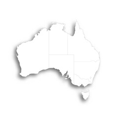 Australia political map of administrative divisions - states and teritorries. Flat white blank map with thin black outline and dropped shadow.