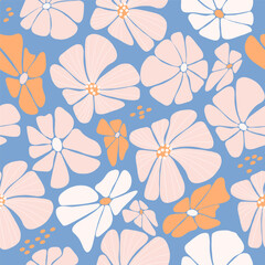 Wall Mural - Retro floral seamless pattern with Groovy Daisy Flower on blue background. Vector Illustration. Abstract Aesthetic Modern Art for wallpaper, design, textile, packaging, decor.