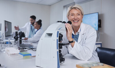 Poster - Senior woman, microscope and portrait of scientist in laboratory for research, experiment or innovation. Science, medical technology and happy elderly female doctor with equipment for sample analysis