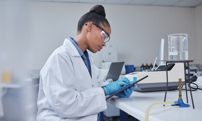 Poster - Research, focus scientist or black woman on tablet in lab for medical search, innovation or science study. Medicine, internet or doctor on tech for healthcare or wellness DNA data review in hospital