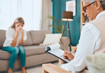 Sticker - Psychology, therapy and women, mental health and depression with counseling, psychologist writing notes and diagnosis. Talk about trauma, stress or frustrated, grief and loss, support and checklist