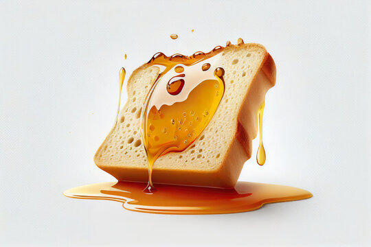 Wall Mural - Honey pouring over toast bread. Slices of toasted bread with honey and honey dipper isolated on white studio background. Generative AI.