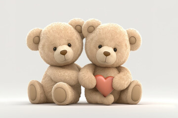 Poster - Cute two beige teddy bears holding a heart (Generative AI)