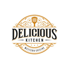 kitchen restaurant cooking vintage logo with antique decorative ornamental frame