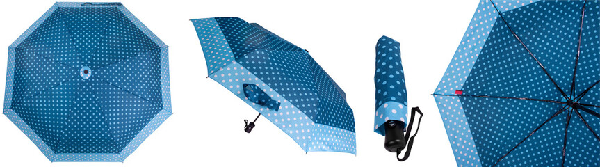 Wall Mural - Set of four different projections of navy blue umbrella with light blue polka dots, isolated on transparent background