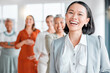 © Lumeez/peopleimages.com - Asian woman ceo, office portrait and success of leadership team, company communicate and vision. Diversity, business women and startup agency of a creative marketing group with proud smile in agency