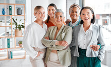 Diversity, Portrait And Business Women With Support, Teamwork And Group Empowerment In Office Leadership. Career Love And Hug Of Asian, Black Woman And Senior People Or Employees Smile For Solidarity