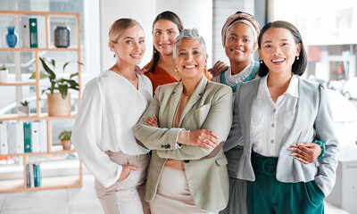 diversity, portrait and business women with support, teamwork and group empowerment in office leader