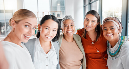 Business selfie, social media team and portrait of women in office with collaboration support. Diversity, smile and creative marketing group with happiness from startup company success and work