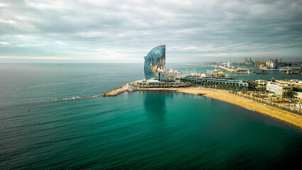 Aerial view of Barcelona Beach with the W hotels at the end of the bay