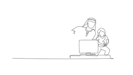 Poster - Animation of one line drawing of Islamic dad playing video game with daughter while sit on sofa. Happy Arabian muslim family parenting concept. Continuous line self draw animated. Full length motion.