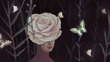 Woman, Rose, Flowers, Leaf, Nature. Painting Illustration. Surreal Art. A Girl In A Fantasy Garden.  Conceptual Artwork.