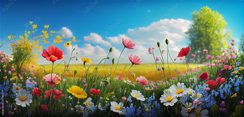 Beautiful spring landscape with colorful wildflowers in a green meadow ...
