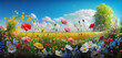 Beautiful spring landscape with colorful wildflowers in a green meadow on a blue day, generative AI