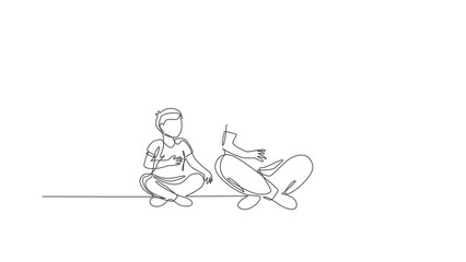 Wall Mural - Animated self drawing of continuous line draw young dad playing guitar and happy singing together with his son at home. Happy family parenthood concept. Full length single line animation illustration.