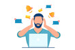 Vector of a stressed man, employee annoyed by multiple notifications, online messages, emails sitting in the office at desk