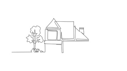 Poster - Animation of single one line drawing of eco friendly house construction building. Home architectural property isolated doodle minimal concept. Continuous line self draw animated. Full length motion.