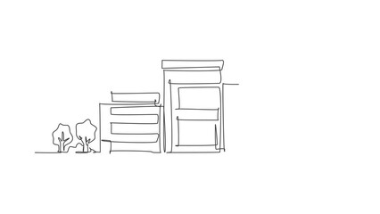 Poster - Animated self drawing of single continuous line draw green minimalist modest house property in city. Real estate isolated minimalism concept. Full length one line animation illustration on background.