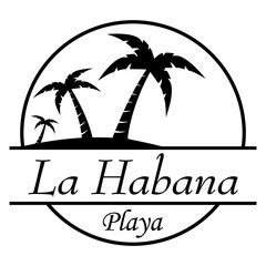 Sticker - Destino de vacaciones. Logo aislado con texto manuscrito La Habana Playa en español con silueta de playa con palmeras en círculo lineal