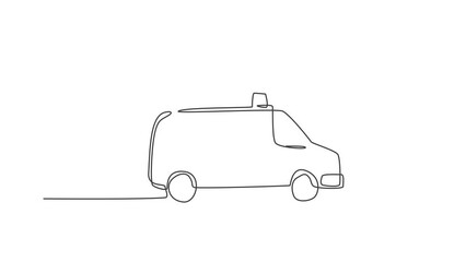 Wall Mural - Animation of one line drawing hospital ambulance car to help injury patient at road accident. Emergency rescue isolated doodle minimal concept. Continuous line self draw animated. Full length motion.