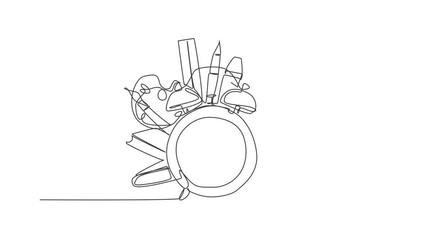 Wall Mural - Animation of single one line drawing of school tools set, alarm clock, book, pen, pencil, ruler. Back to school minimalist, education concept. Continuous line self draw animated. Full length motion.