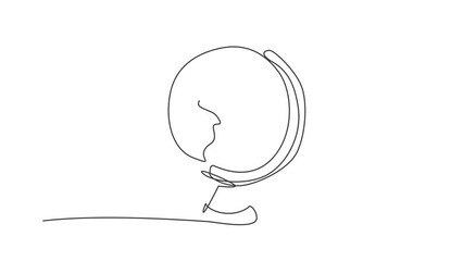 Poster - Animated self drawing of continuous one line draw round world globe map. Back to school hand drawn minimalism concept. Full length single line animation for geography education illustration.