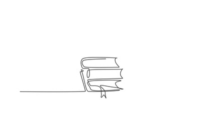 Wall Mural - Animation of single one line drawing of stack of note books on table. Back to school minimalist, education concept. Pile of books continuous simple line self draw animated style. Full length motion.