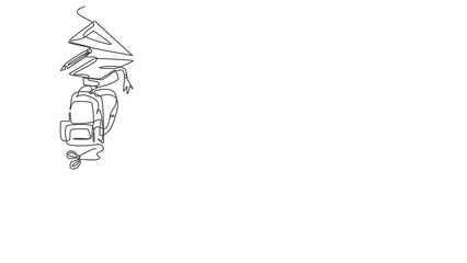 Poster - Animated self drawing of continuous one line draw school bag, ruler, trophy, pencil set for page layout. Back to school hand drawn minimalism concept. Full length single line animation illustration.
