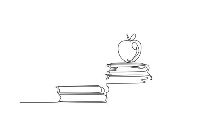 Poster - animated self drawing of continuous line draw apple above books stack minimalist illustration on whi