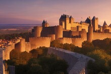 Medieval Fortress Of Carcassonne At Sunset, France. Generative AI